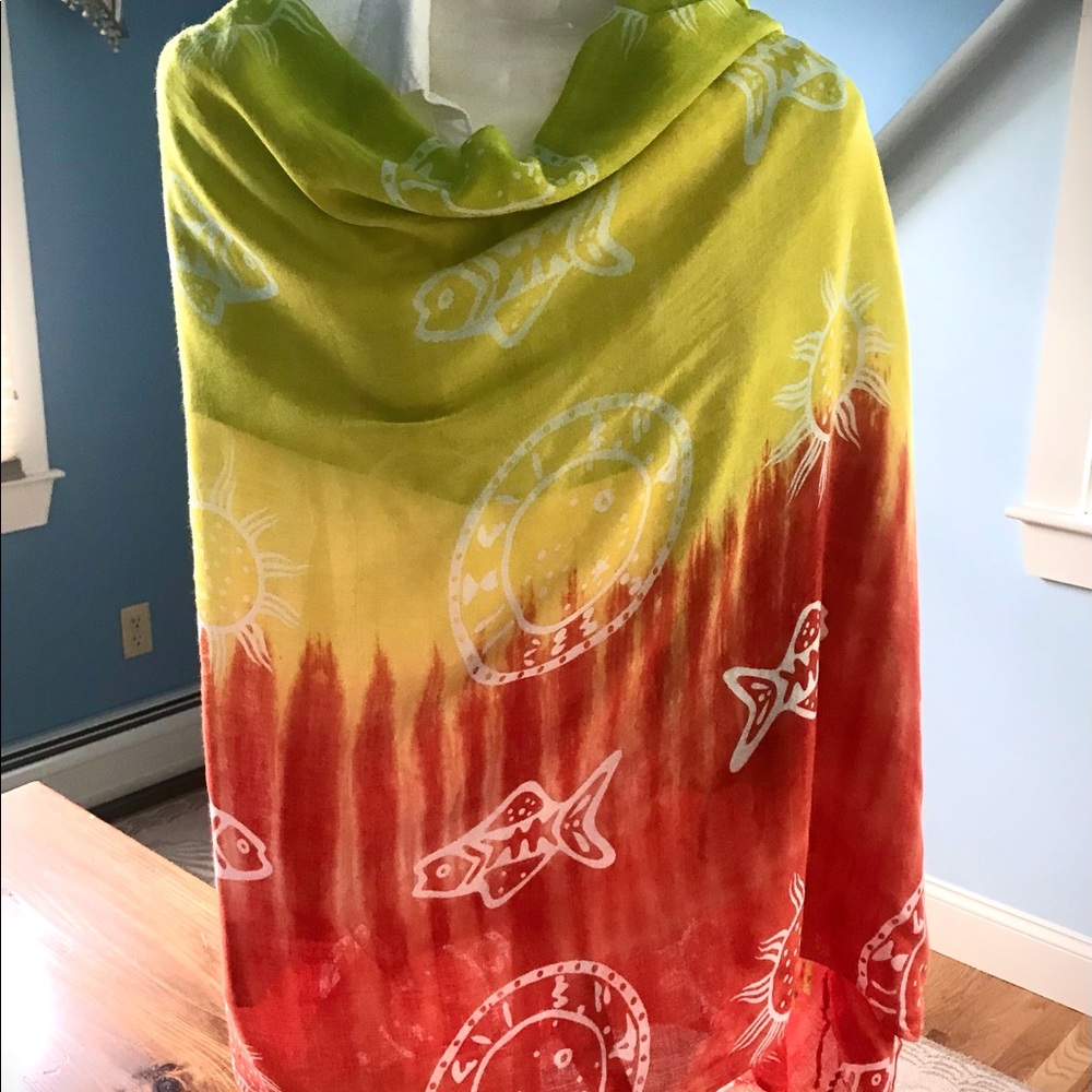 Multi Colored Batik Style Fun Scarf, green/yellow/orange.